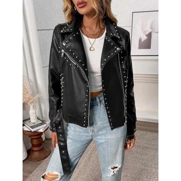 Women's Studded Faux Leather Moto Jacket Black PU Biker with Rivets Punk Black - Picture 2 of 7